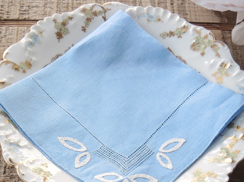 Gorgeous Blue Cotton Hankie with White Applique Accents Something Blue for the Bride