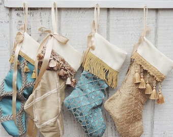 Gorgeous Blue and Gold Heirloom Christmas Stockings Gilded Gold Collection Made to Order, Choice of 1 of 4 Designs
