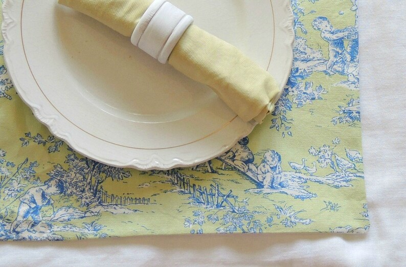 French Country Blue and Green Toile Lined Placemats Set of 4 Etsy