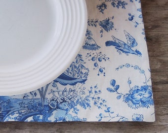 French Country Blue and White Toile Placemats, Set of 4 Blue Willow Inspired Linen Ralph Lauren Cottage Style Table Linens Custom Order