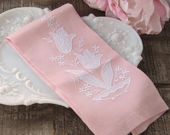 Pink Embroidered Flowers Vintage Cotton Tea Towel, Cottage Style, Table Mat, Basket Liner, Wedding Linens