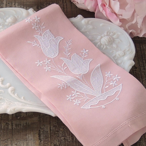 Pink Embroidered Flowers Vintage Cotton Tea Towel, Cottage Style, Table Mat, Basket Liner, Wedding Linens