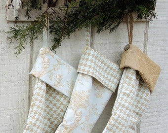 Blue Toile Heirloom Christmas Stocking, Made to Order,  Choice of 1 of 3 Designs, Holiday Mantle Decor Custom Order