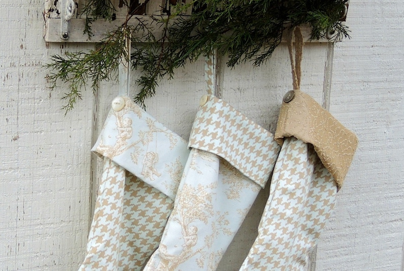 Blue Toile Heirloom Christmas Stocking, Made to Order, Choice of 1 of 3 Designs, Holiday Mantle Decor Custom Order zdjęcie 1