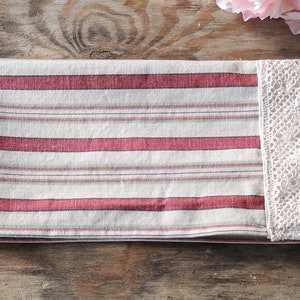 Waverly Beige and Red Stripe Lace Trimmed Tea Towel Small Hand Towel French Farmhouse Linens image 5