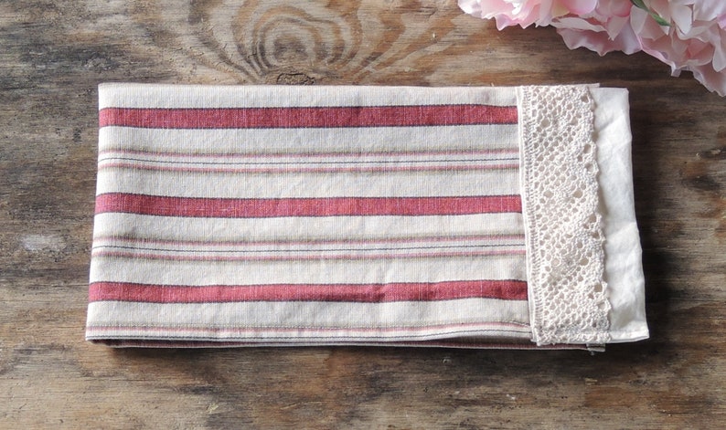 Waverly Beige and Red Stripe Lace Trimmed Tea Towel Small Hand Towel French Farmhouse Linens image 5