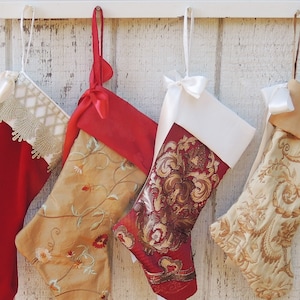 Gorgeous Red and Gold Christmas Stockings, Choice of 1 of 4 Heirloom Christmas Decor, Custom Order, Holiday Mantle Decor