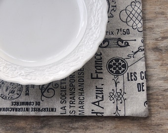 French Script Lined Cotton Placemats Set of 4 French Country Cottage Style Farmhouse Chic Wedding Table Decor