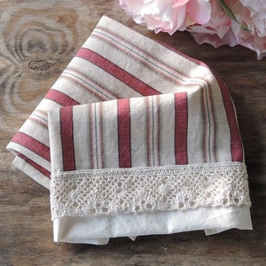 Waverly Beige and Red Stripe Lace Trimmed Tea Towel Small Hand Towel French Farmhouse Linens image 2