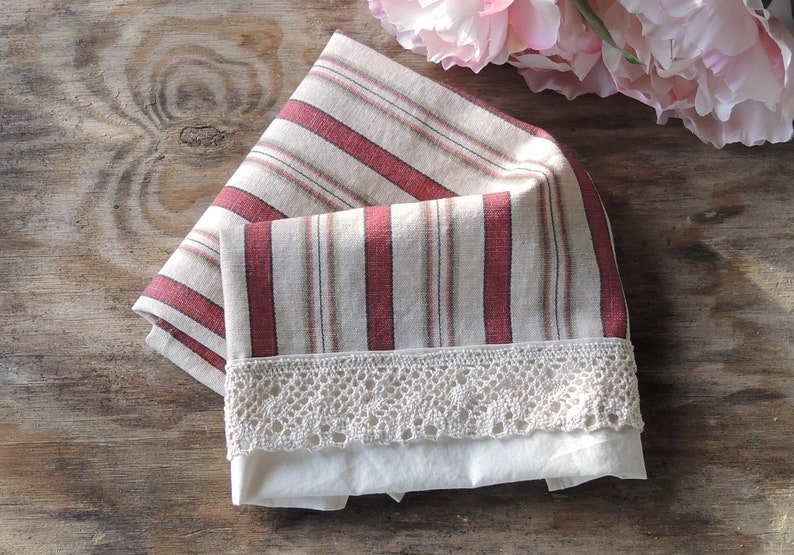 Waverly Beige and Red Stripe Lace Trimmed Tea Towel Small Hand Towel French Farmhouse Linens image 2