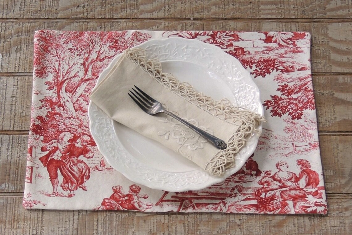 French Country Red and Cream Toile Lined Placemats Set of 4 Etsy