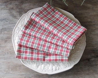 Servilleta de algodón a cuadros rojos y verdes, juego de 4 servilletas navideñas navideñas, reutilizables, respetuosas con el medio ambiente