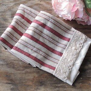 Waverly Beige and Red Stripe Lace Trimmed Tea Towel Small Hand Towel French Farmhouse Linens image 3