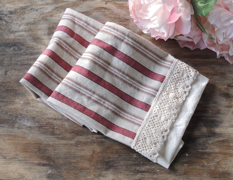 Waverly Beige and Red Stripe Lace Trimmed Tea Towel Small Hand Towel French Farmhouse Linens image 3