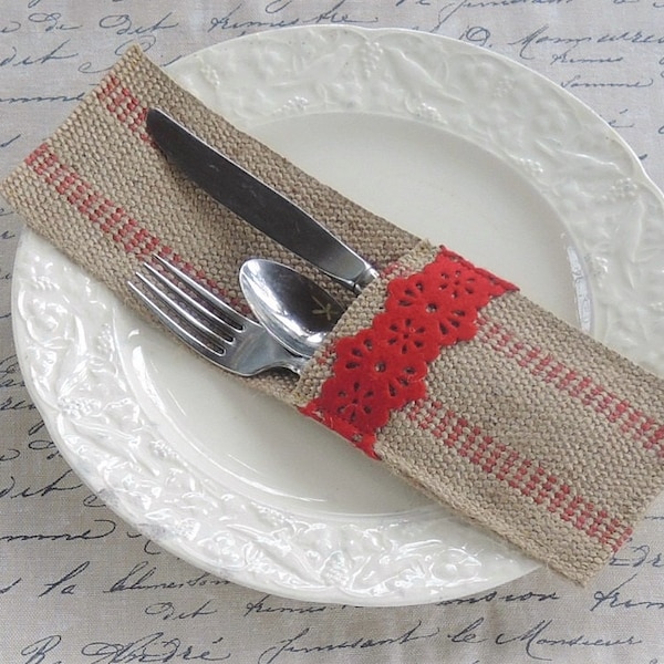 Burlap Felt Trim Silverware Sleeve Striped Jute Home Decor