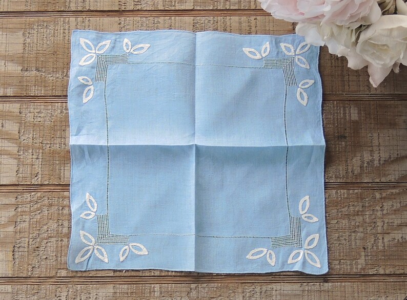 Gorgeous Blue Cotton Hankie with White Applique Accents Something Blue for the Bride