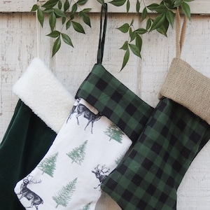 Woodland Christmas Stockings Choice 1 of 3 Reindeer Print, Green Velvet, Green Buffalo Check Dark Green Stockings