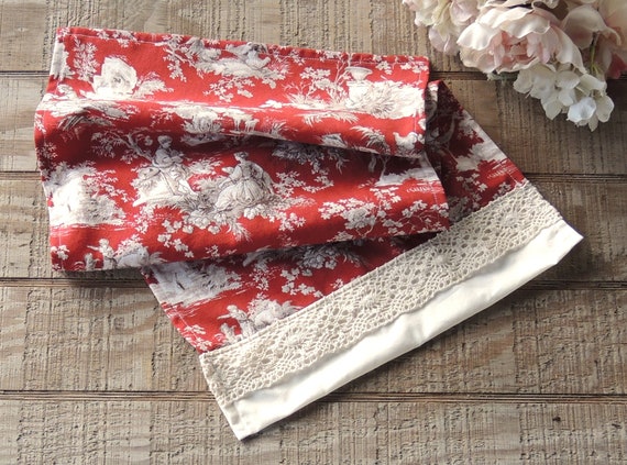 Waverly Red and Beige Toile Lace Trimmed Tea Towel Small Hand Towel French  Farmhouse Linens 