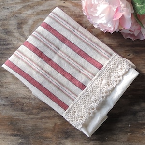 Waverly Beige and Red Stripe Lace Trimmed Tea Towel Small Hand Towel French Farmhouse Linens image 1