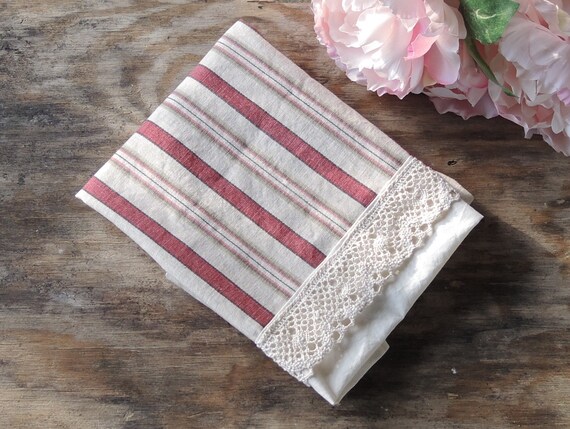 Waverly Beige and Red Stripe Lace Trimmed Tea Towel Small Hand Towel French  Farmhouse Linens 