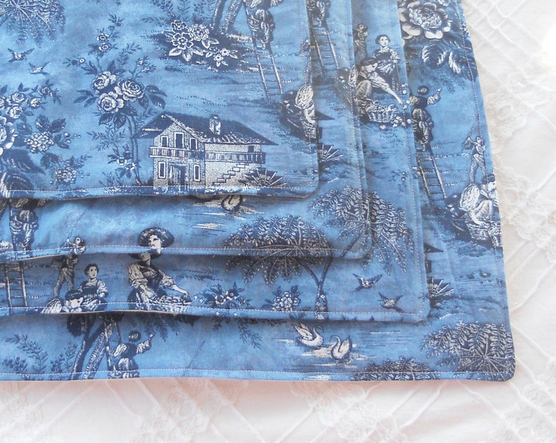 Blue Toile Quilted Placemats, Set of 4, French Shabby Chic, Cottage Style, Custom Order,Cottage Style, Spring Summer Table Decor image 2