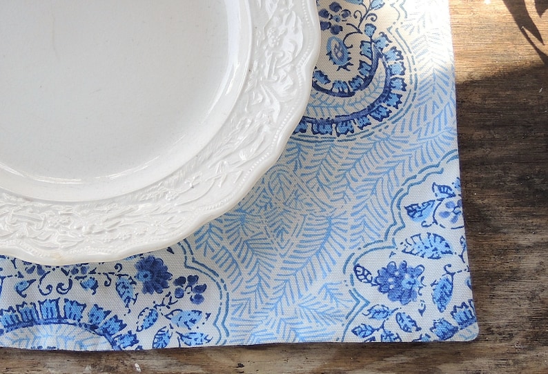 White and Blue Paisley Lined Cotton Placemats Set of 4 Beach Cottage Modern Farmhouse Home Decor Table Settings Custom Order image 1