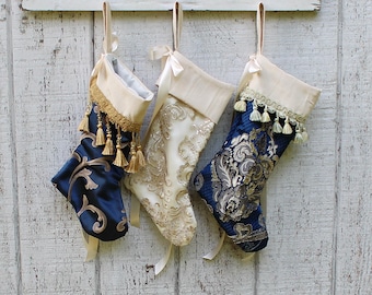 Gorgeous Blue and Gold Christmas Stockings Sapphire Regency Collection Made to Order, Choice of 1 of 3 Designs, Holiday Mantle Decor