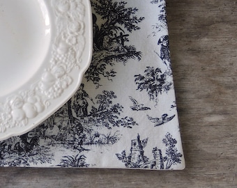 Juego de 4 manteles individuales French Country en color negro y crema Toile Waverly Rustic Toile 59, estilo cabaña, mesa de té, estilo shabby chic, pedido personalizado