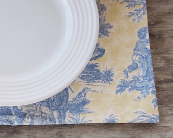 French Country Blue and Yellow Toile Placemats Set of 4 Waverly Rustic Weekend Cottage Style, Tea Party Table, Shabby Chic, Custom Order