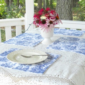 French Country Blue and White Toile Placemats, Set of Small Bistro Size Table, Cottage Style, Tea Party Table, Shabby Chic, Custom Order