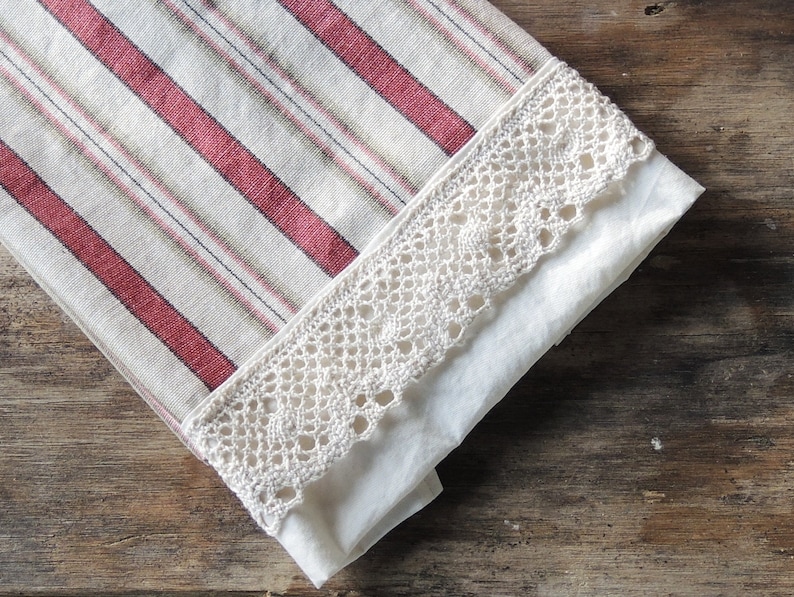 Waverly Beige and Red Stripe Lace Trimmed Tea Towel Small Hand Towel French Farmhouse Linens image 4