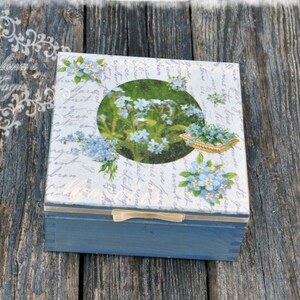 Vergessen Sie mich nicht, Tee-Taschen-Box, Andenken-Box, Aufbewahrungsbox, Trinket-Box, Schmuck Aufbewahrungsbox, magisch, Vintage Holzkiste, Hochzeitsgeschenk, Geschenk für Mama,