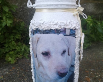 Pet Urn, Large Dog Urn, Personalised Pet Urn, Shabby chick Urn, Memorial jar, Customer order, Made to order, Glass Urn.