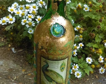 Peacock - vintage bottle ,gold -platedglas bottle,altered bottle,recycled bottle,decorative bottle,upcycle bottle,house warming gift.