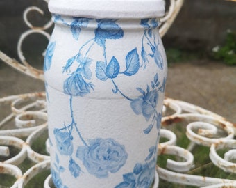 Blue rose, money jar, savings jar, Trinket jar, coffee jar, cooke jar,Vintage jar, wedding decor, rustic jar, English rose,