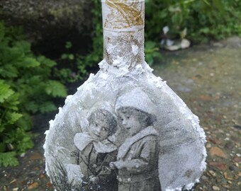 Vintage pictures with children, Vintage Christmas, Altered bottle, Carafe, Decanter,  gift,housewarming , glass bottle,Christmas tree