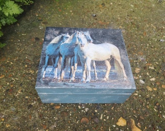 Wild Horses, White horses, Jewellery box, tea bags box, Trinket box, Keepsake box, housewarming, hand decorated, Decoupage