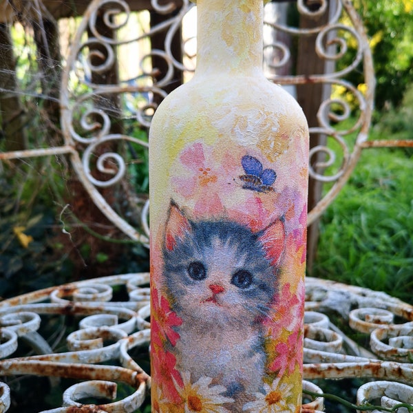 Kitten in the garden,Altered bottle, Glass bottle, Decanter, Carafe, Hand decorated, Christmas, Birthday, Housewarming, Decoupage, Painting