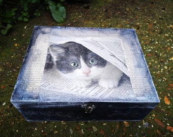 Black and White Cat, Newspaper, Jewellery box, Trinket box, Keepsake box, Bespoke box, Christmas eve gift, birthday present, handmade