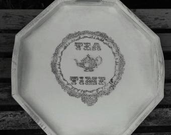 Shabby chic wooden tray,An old white  tray to serve tea ,vanity tray,Vintage decoupage tray ,wedding gift tray,Victorian style tray