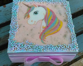 Unicorn,Jewelry box for a girl,Bespoke box,keepsake box,Tea bags box,Decoupaged box,wooden box,storage box,Jewellery box,Christmas gift