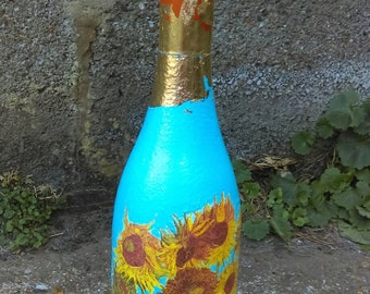 Sunflowers-Van Gogh,altered bottle,decoupaged bottle,Decanter,glass bottle,housewarming gift,carafe,wine bottle,hand painted bottle,whiskey