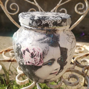 Vintage picture,Little girl, Decoupage, cooke jar, Keepsake jar, money jar, savings jar,wedding jar, housewarming,fund jar, sweet jar, love