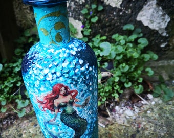 Mermaid, sea siren, little mermaid, glass bottle, Decanter, Carafe, decoupage bottle, Altered bottle