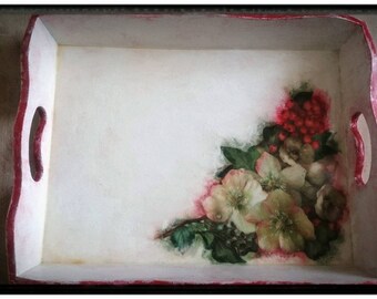 Serving tray,Vanity tray,wooden tray,Ottoman tray,Tray with forest plants,wooden tray hand painted,home decoration,Gift for mum