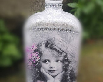 Vintage picture,Bottle with a little girl, Romantic bottle, Altered bottle, hand decorated bottle, whiskey bottle, housewarming, rustic