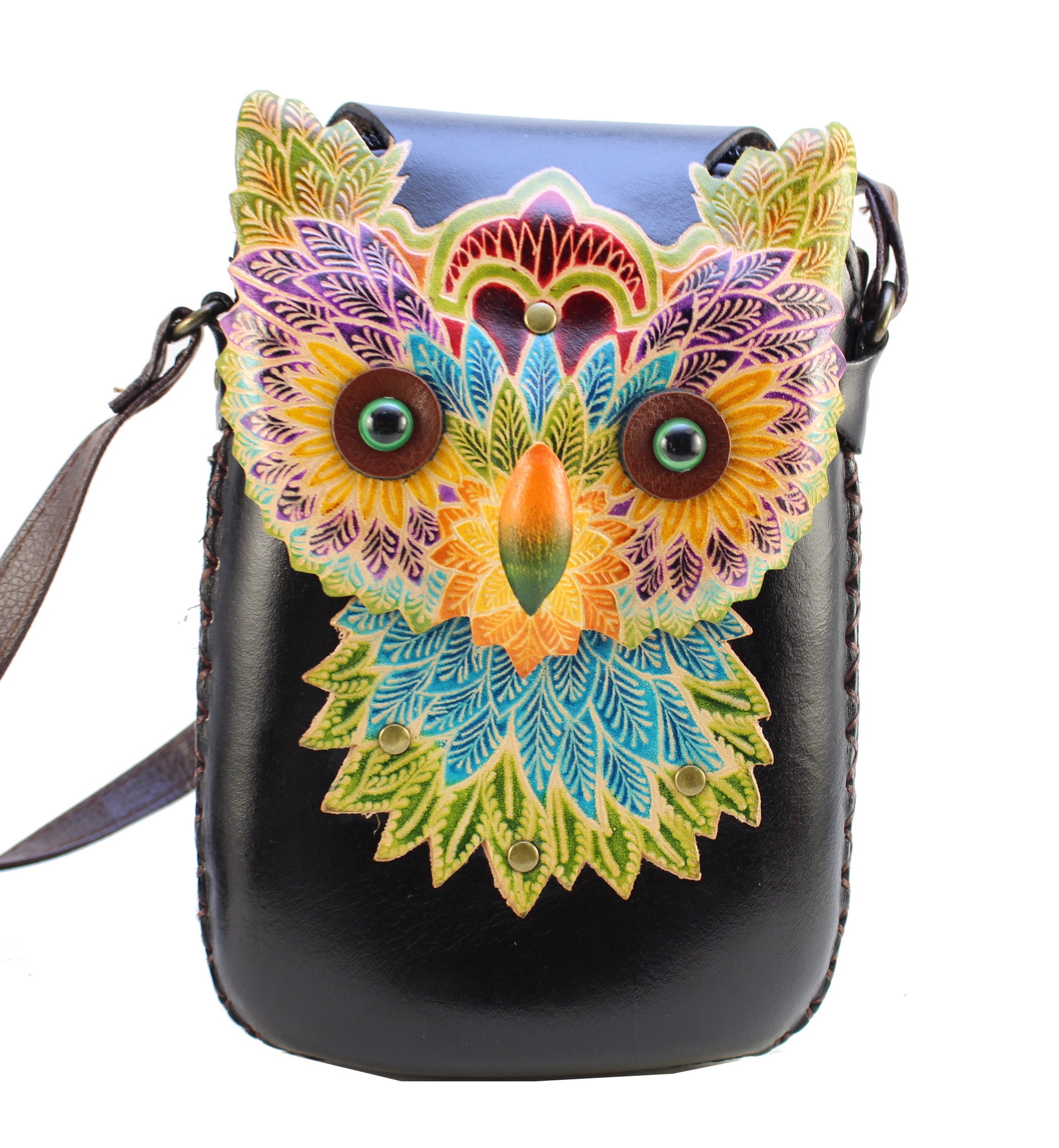 Genuine Handmade Leather Colorful Owl Purse / Crossbody