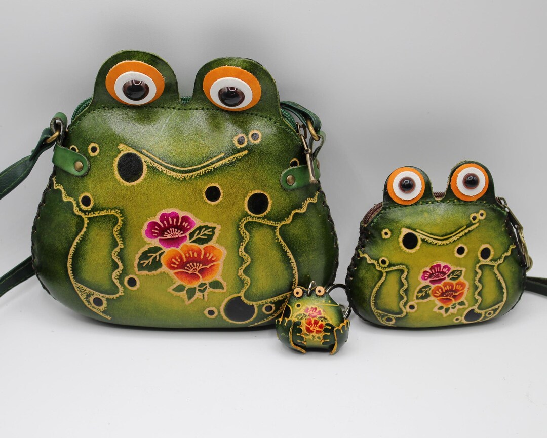 Genuine Handmade Leather Frog Coin Purse + Key Chain + Cross