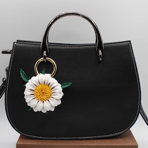Genuine Handmade Leather Flower Keychain sunflower purse charm bag charm (White, Yellow)