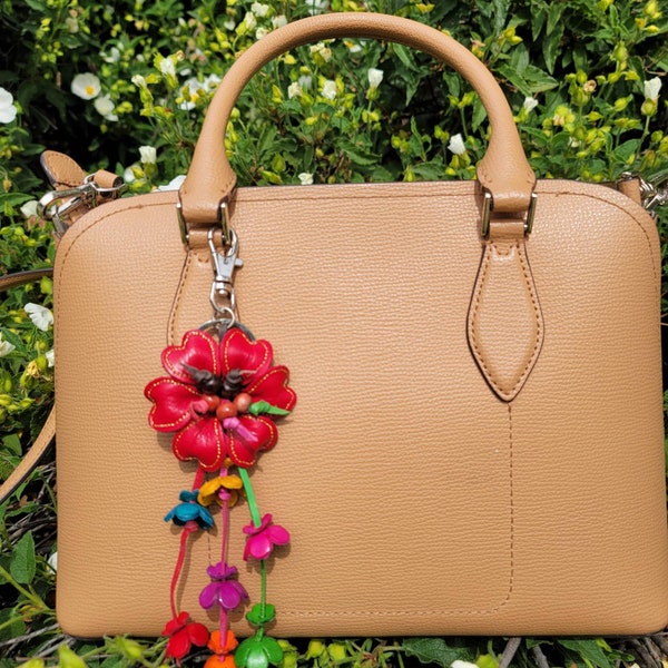 Handmade leather flower key chain purse charm key purse